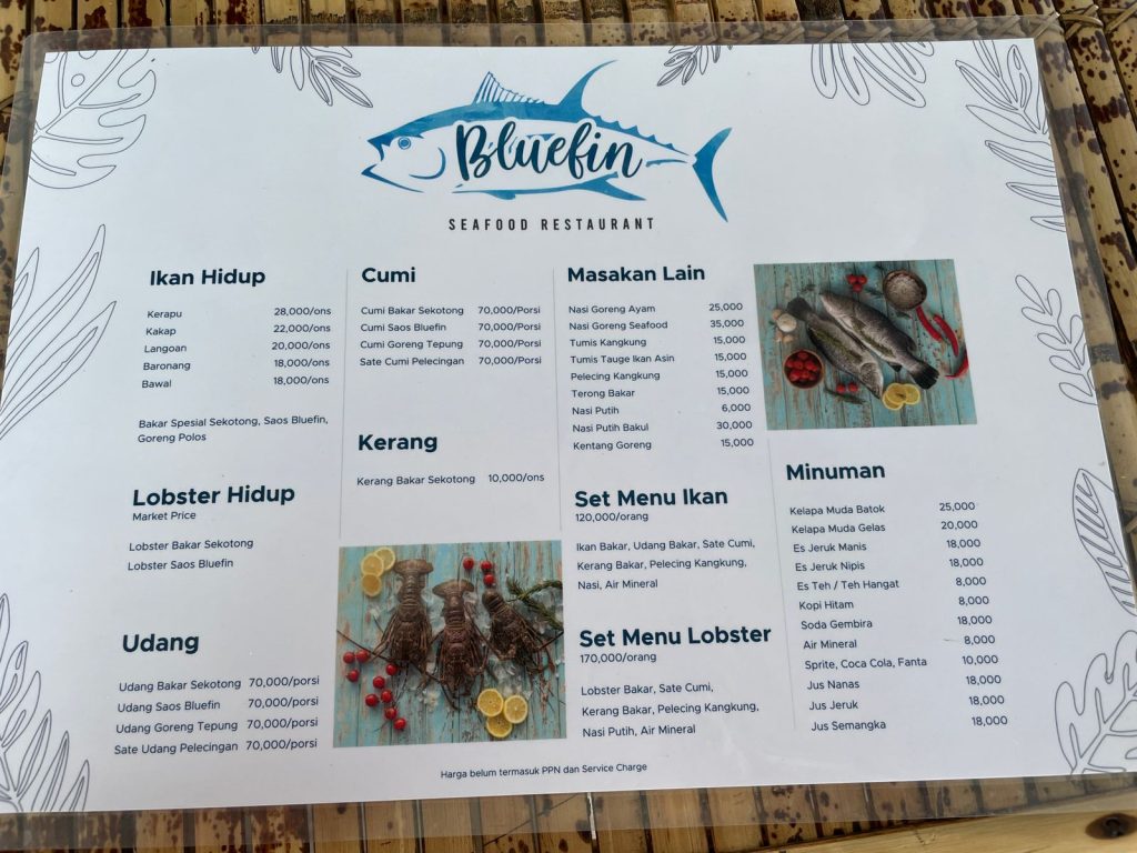 Menu Bluefin Seafood Lombok - Restoran Terapung di Lombok